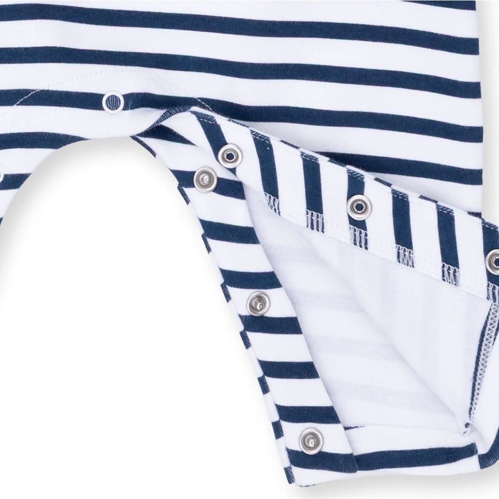 Angel Dear Football Navy Long Sleeve Snap Romper, snap closure detail
