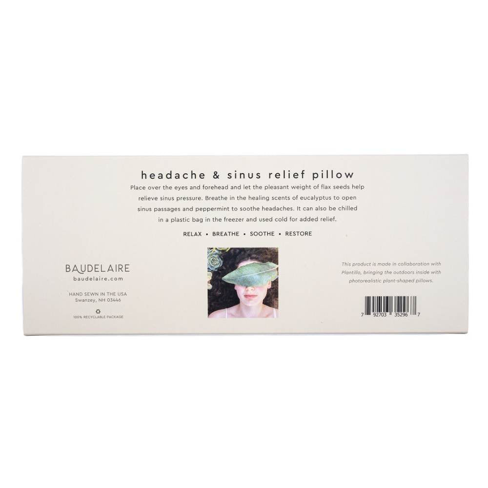 Back of a headache and sinus relief pillow packaging with text and a photo of the product.