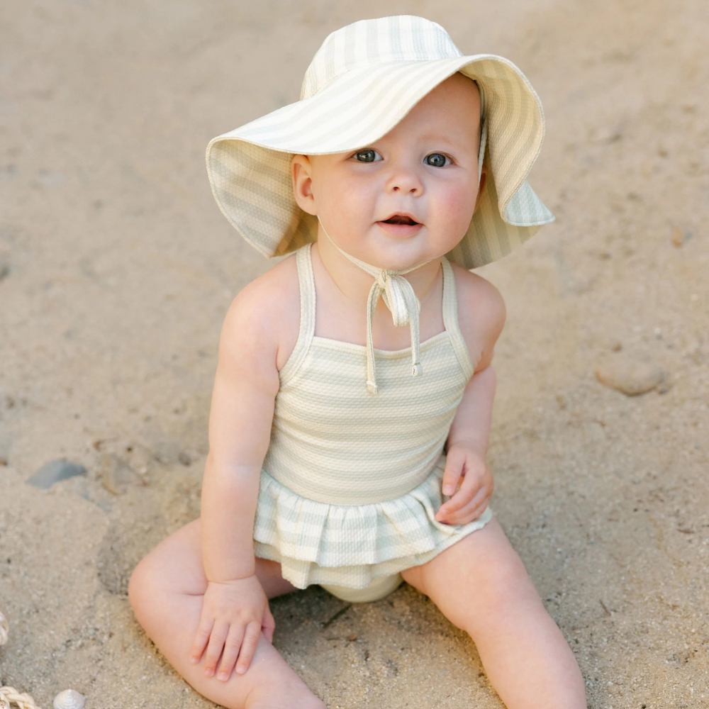 Mint Stripe Ruffled One-Piece Swimsuit by Quincy Mae