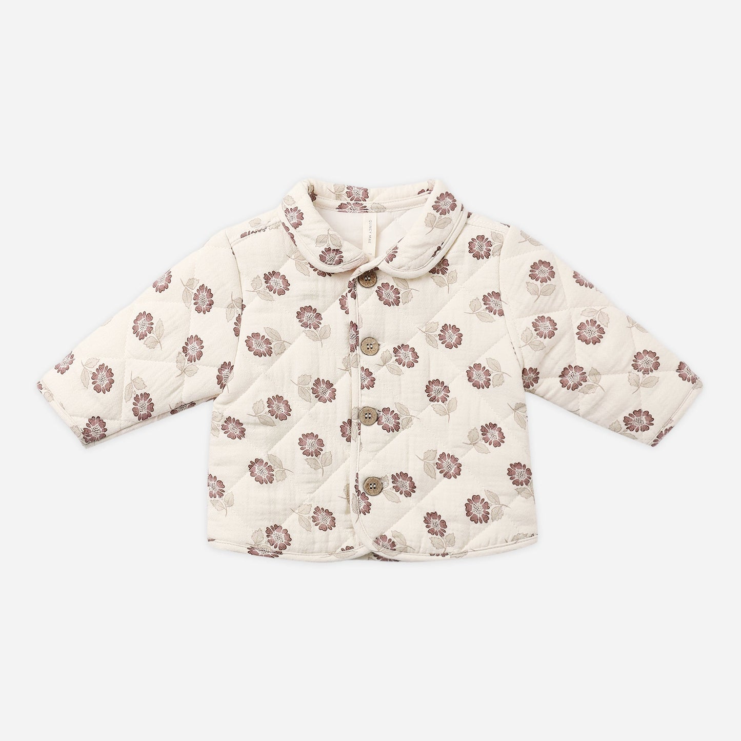 A quilted baby jacket in cream with a brown floral pattern, featuring a collar and button closure, laid flat on a light gray background.