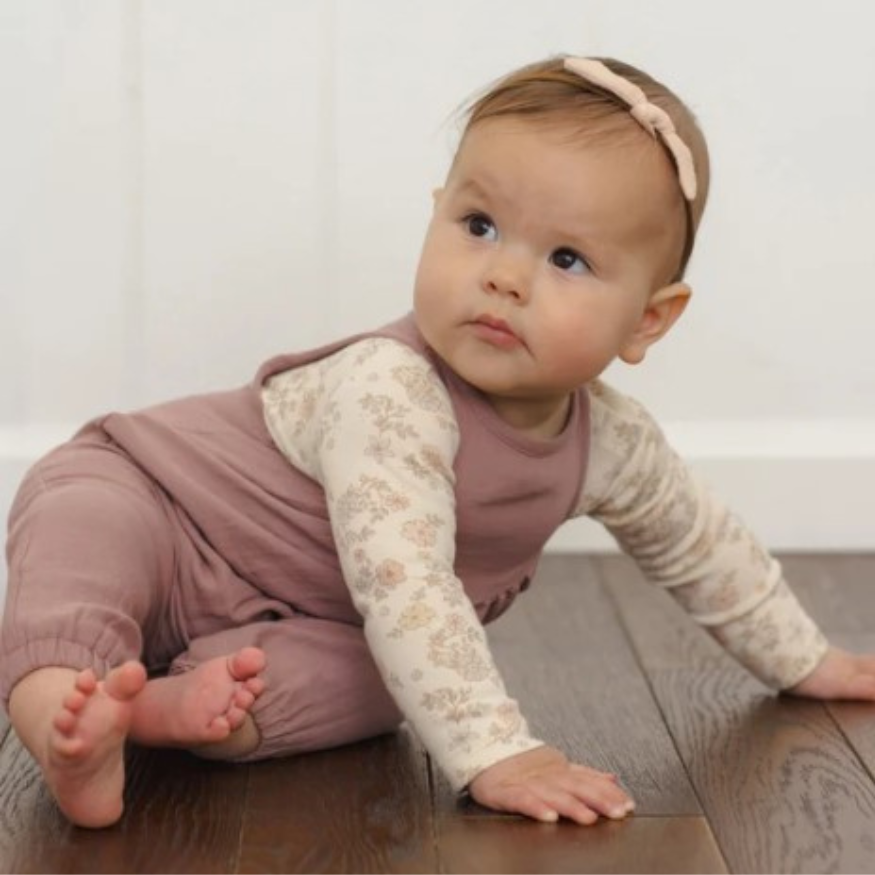 Quincy Mae Mulberry Maisie Overall in organic cotton gauze, styled lifestyle photo