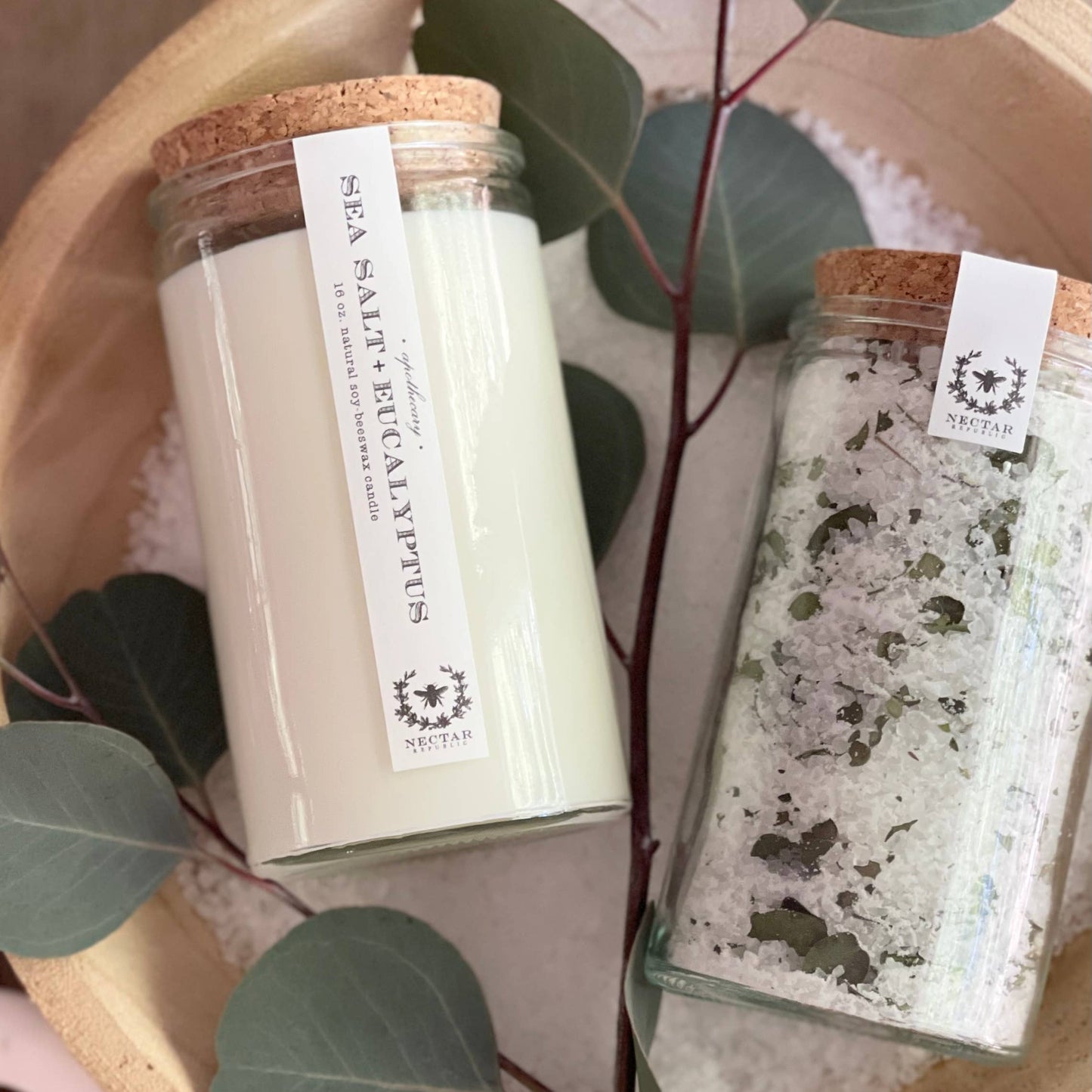 Nectar Republic Sea Salt and Eucalyptus candle and bath salt tube duo with fresh eucalyptus