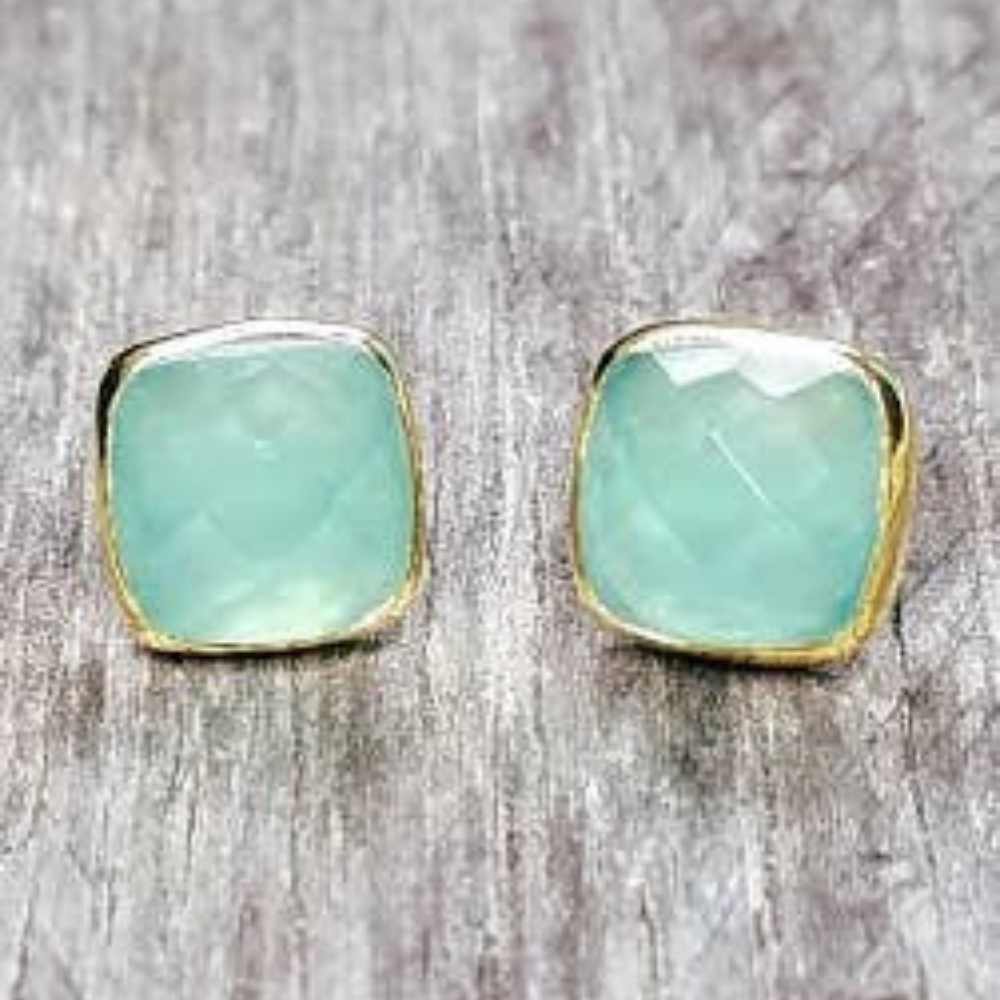 Vermeil Gold Cushion Aqua Chalcedony Studs Earrings