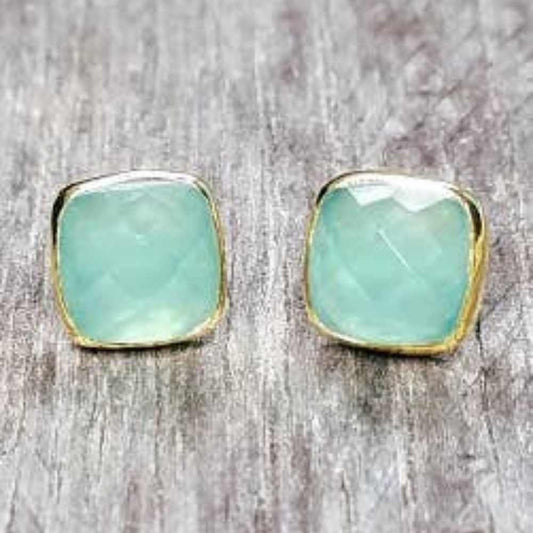 Vermeil Gold Cushion Aqua Chalcedony Studs Earrings