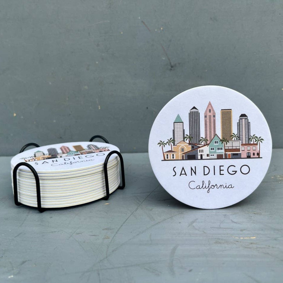 San Diego Skyline Graphic Paper Pulp Board Coasters | Set of 15 With Black Metal Stand