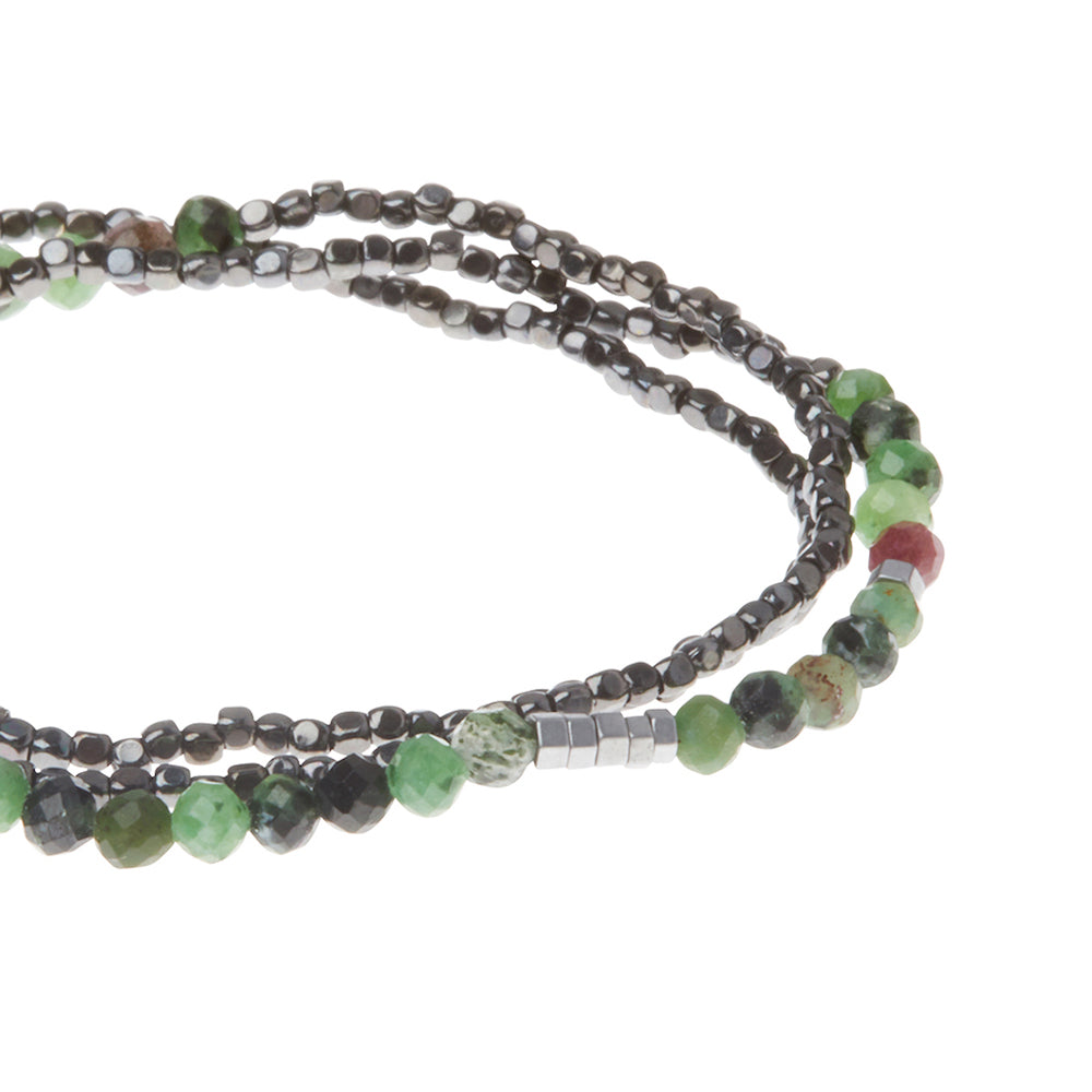 Scout delicate Ruby Zoisite wrap close detail of faceted dual-color gemstone beads