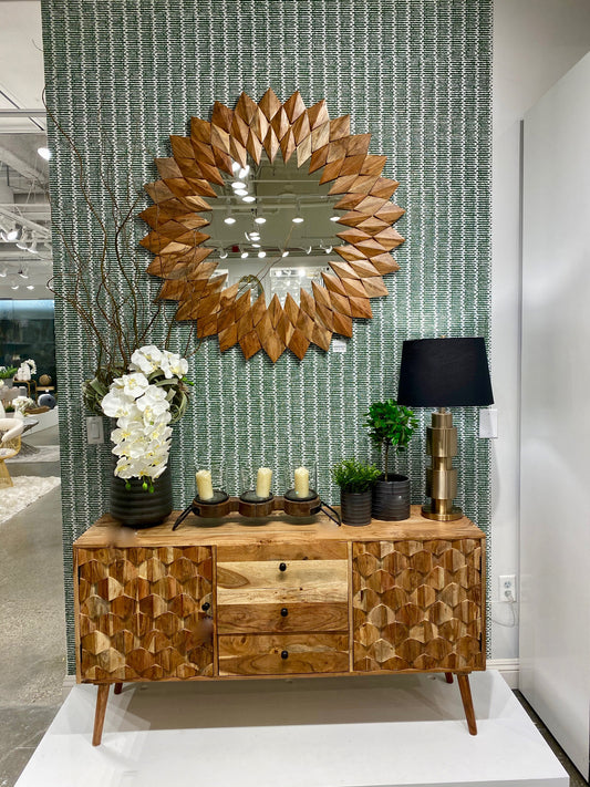 NATURAL WOOD TEXTURED SIDEBOARD WITH WOOD MIRROR NEW FOR FALL 2020