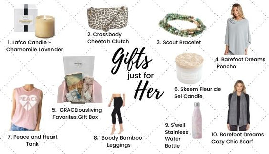 Pictures of favorite gifts for her including Barefoot Dreams, Lafco Candles, GRACEiousliving Gift Box, S'well, Scout and Simple Joy tank top