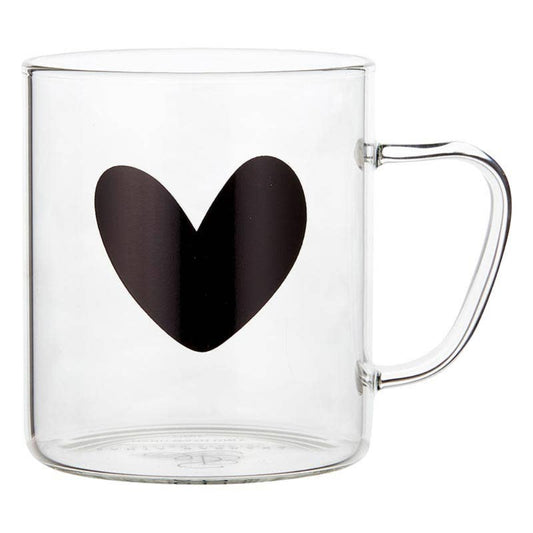 Clear glass mug with a black heart design on a white background