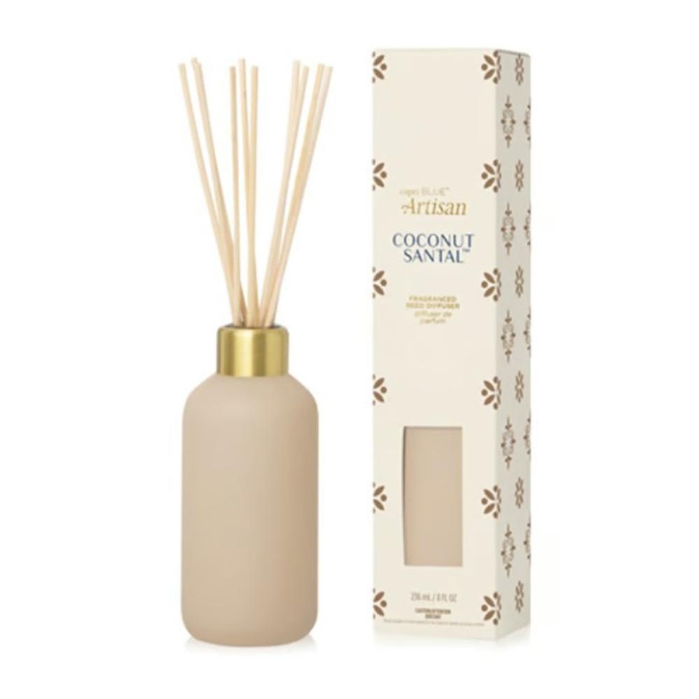 Capri Blue Coconut Santal Terrazza Velluto reed diffuser in a matte cream bottle with gold collar, shown with its patterned gift box