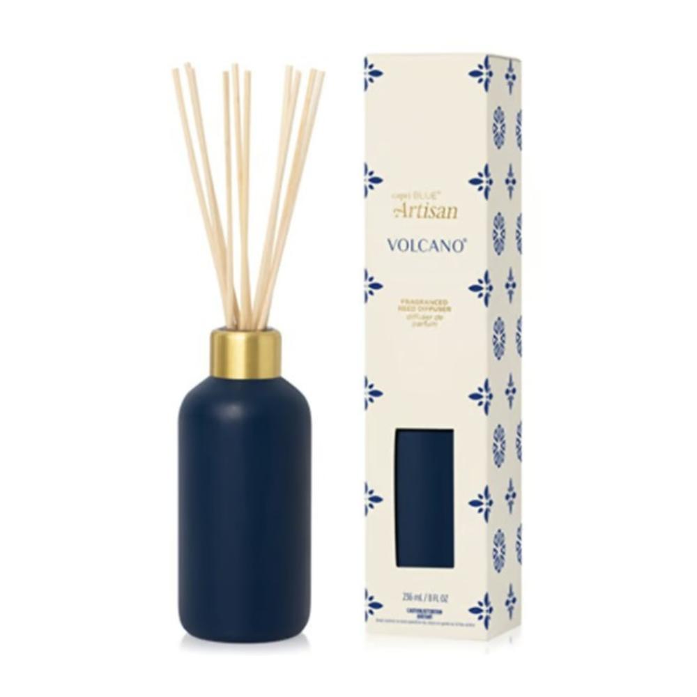 Capri Blue Volcano Terrazza Velluto reed diffuser in a matte navy bottle with gold collar, shown with its patterned gift box