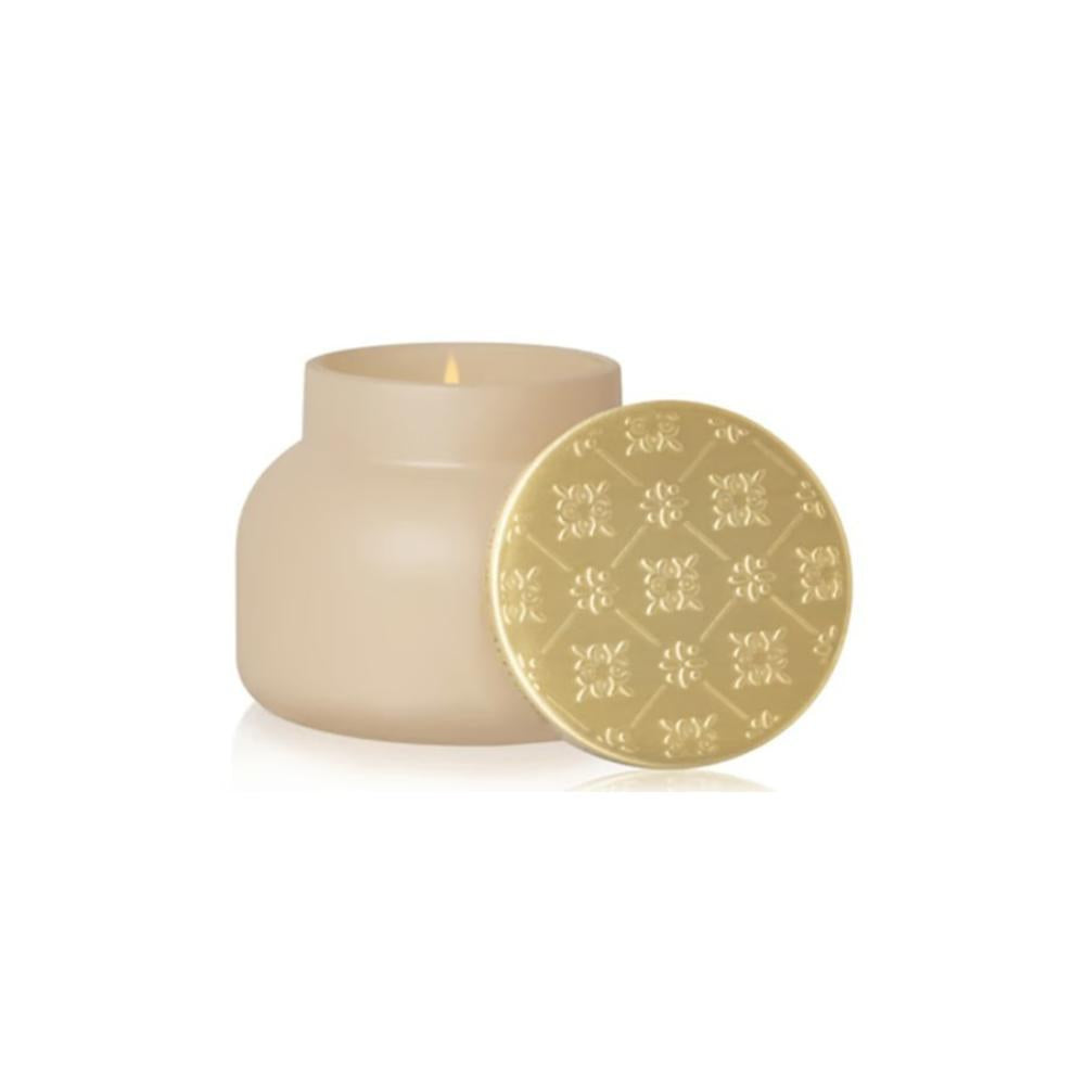 Capri Blue Coconut Santal Terrazza Velluto petite candle, 8 oz matte cream vessel with embossed gold lid