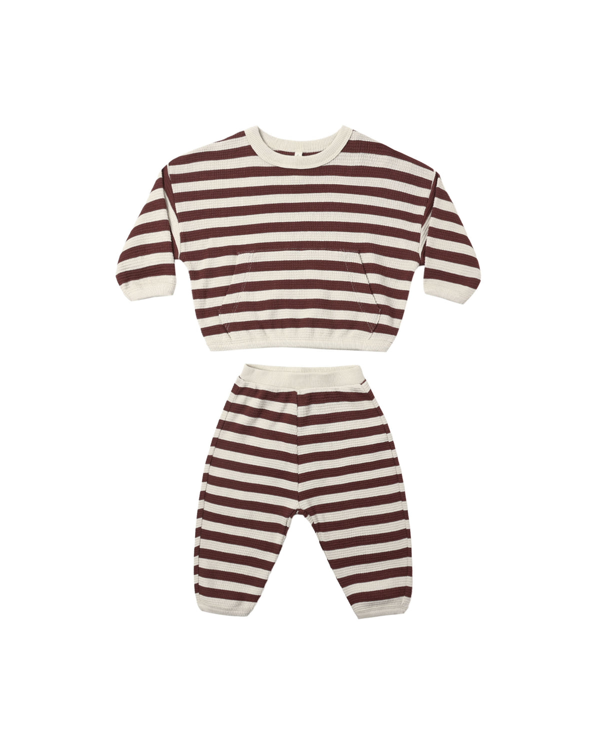 Quincy Mae Black Cherry Stripe Waffle Slouch Set, organic cotton pocket top and pants, view 1
