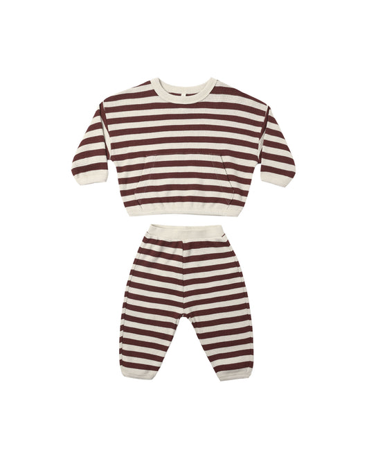 Quincy Mae Black Cherry Stripe Waffle Slouch Set, organic cotton pocket top and pants, view 1