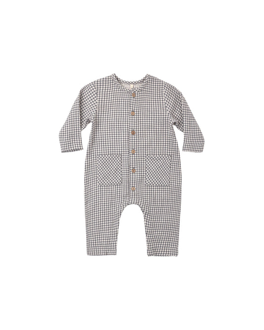 Quincy Mae Midnight Gingham Pocketed Woven Jumpsuit in organic cotton, view 1