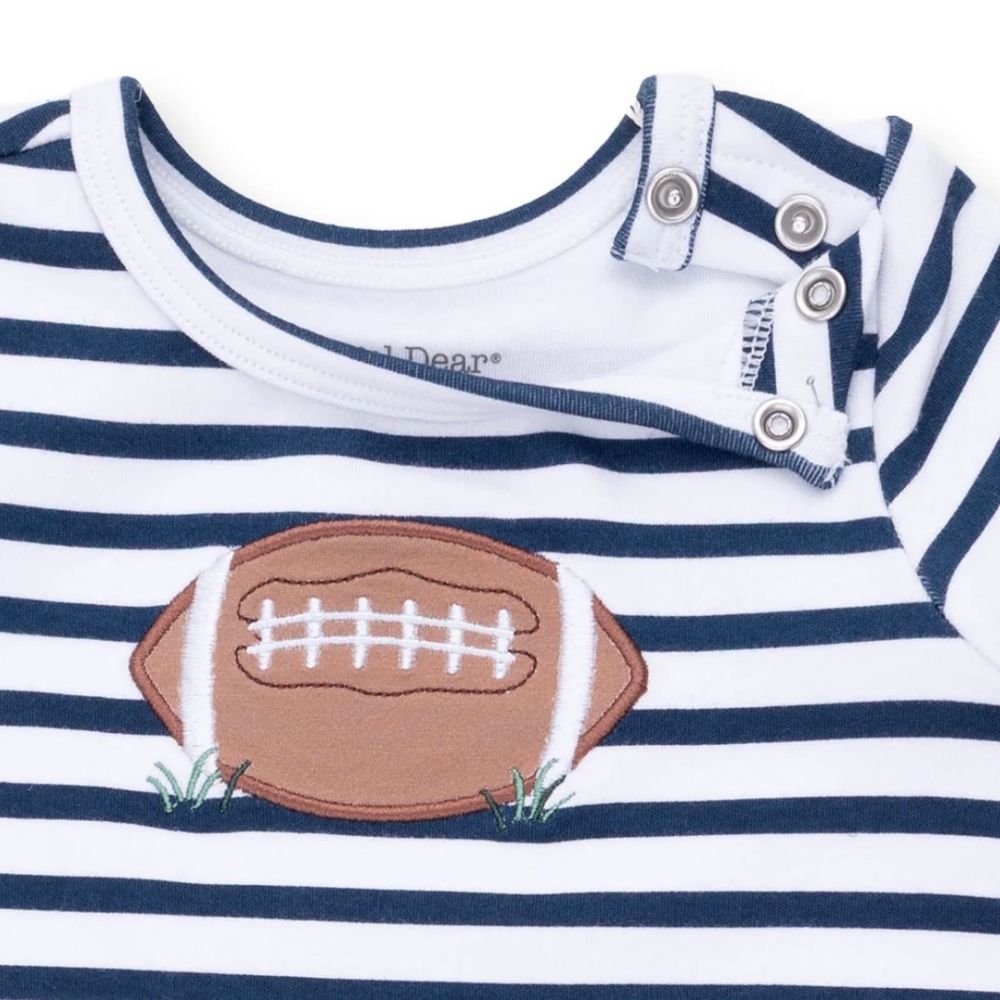 Angel Dear Football Navy Long Sleeve Snap Romper, close-up detail