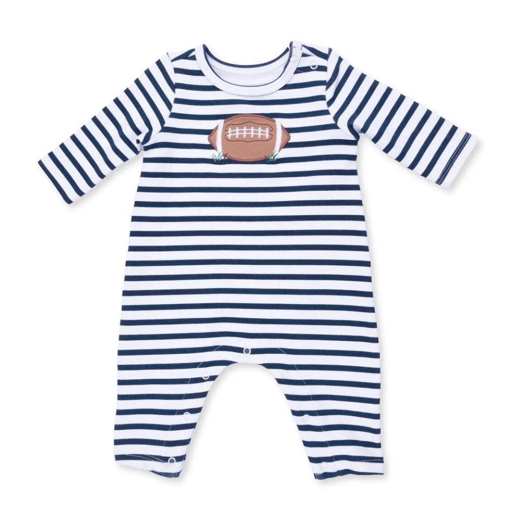 Angel Dear Football Navy Long Sleeve Snap Romper, front view