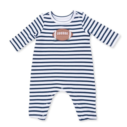 Angel Dear Football Navy Long Sleeve Snap Romper, front view