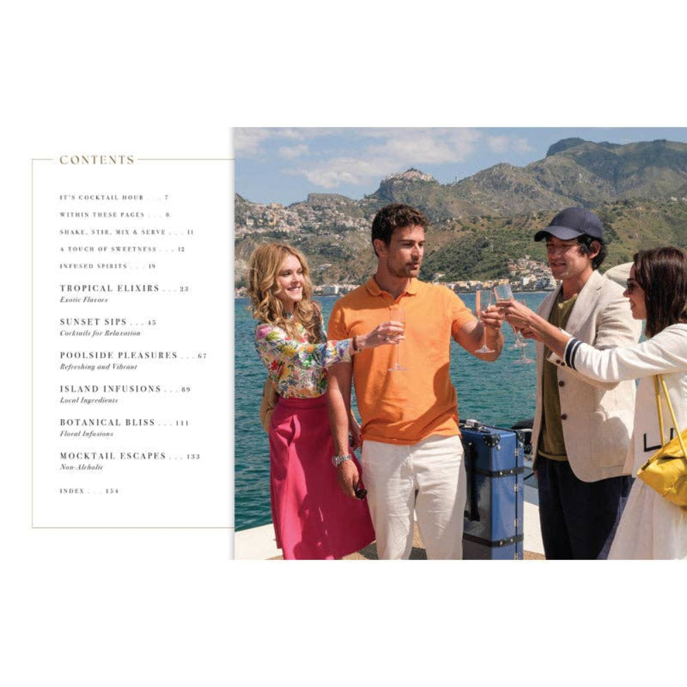 People by a waterfront with a scenic background, featuring a magazine layout on the left.