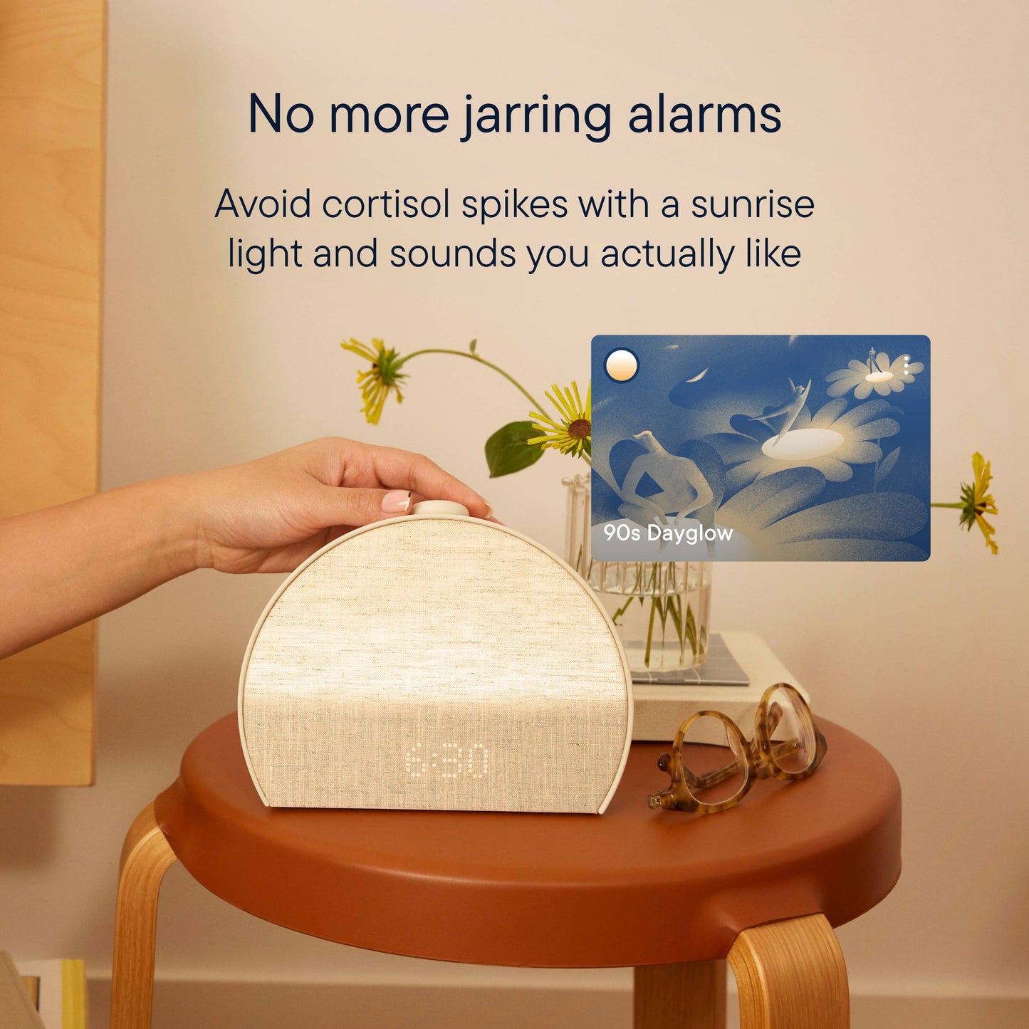 Hatch Restore 3 sunrise alarm clock in putty paired with the Hatch Sleep app