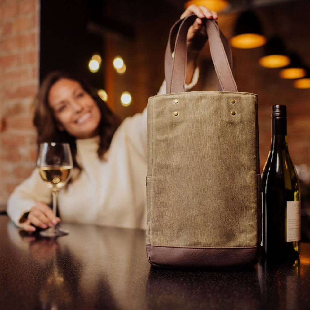Woman holding 2 Bottle Insulated Wine Cooler Bag: Khaki Green with Beige Accents