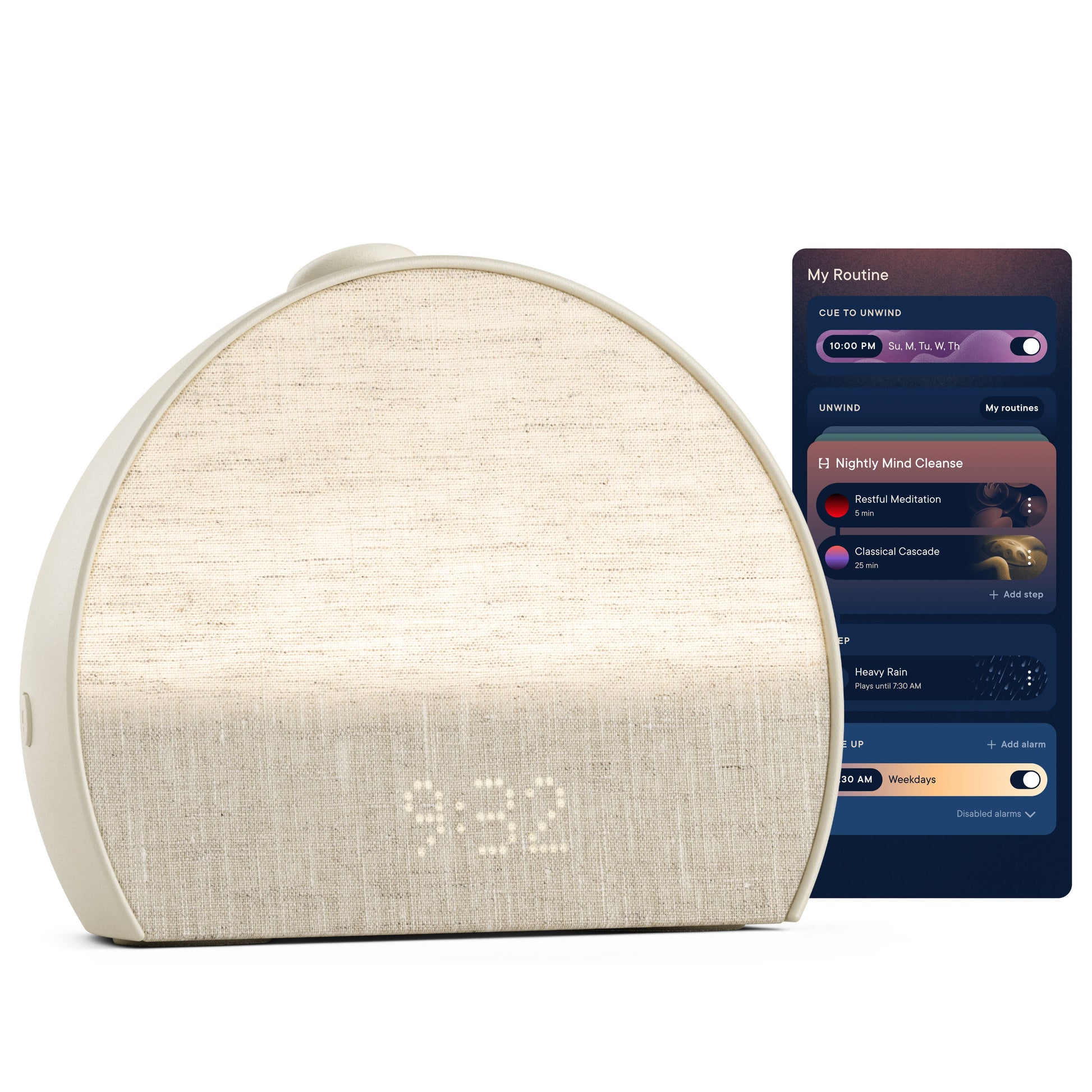 Hatch Restore 3 sunrise alarm clock in putty, front view with softly lit display