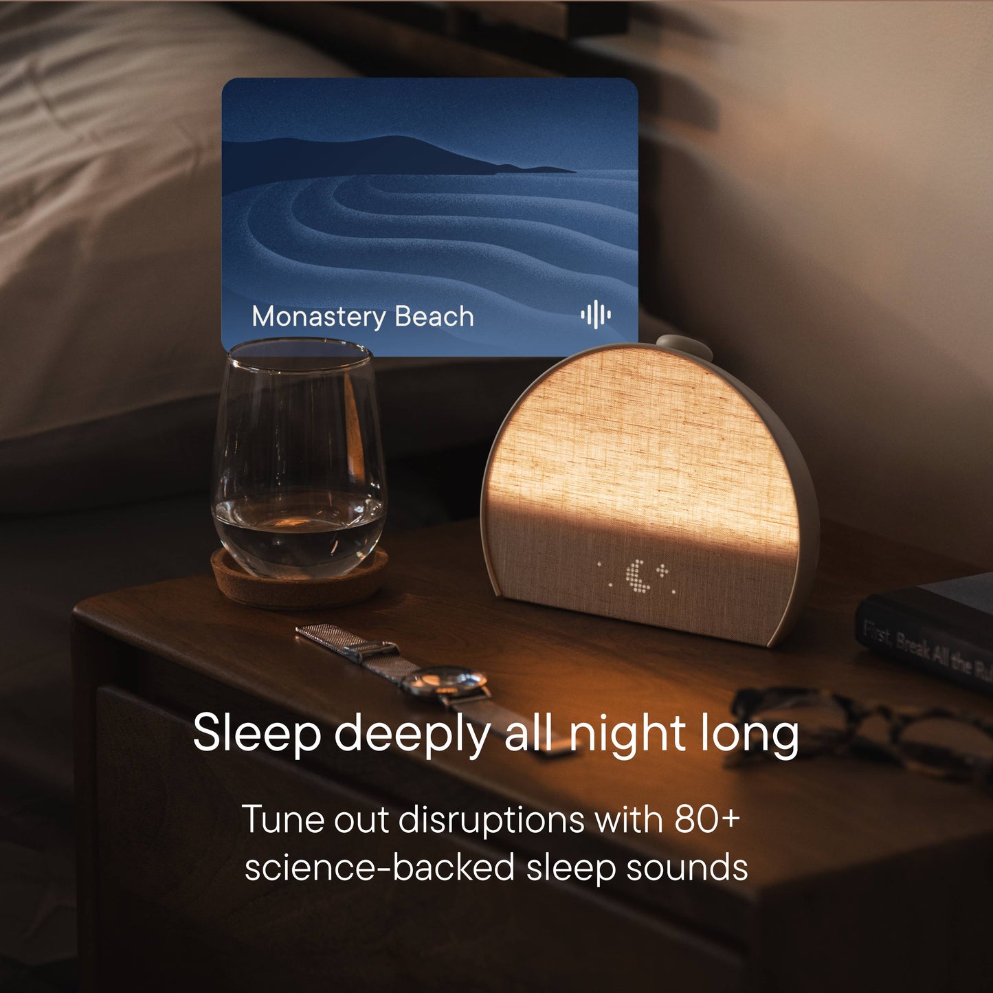 Hatch Restore 3 sunrise alarm clock in putty, angled view showing rounded fabric body