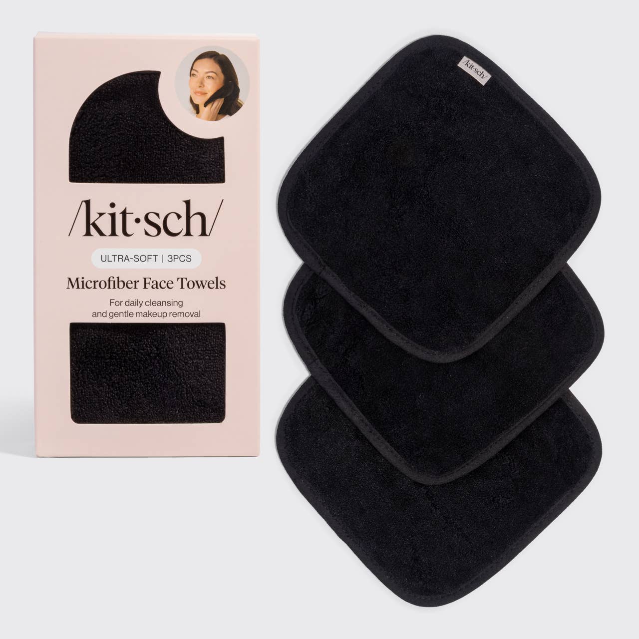 Kitsch black microfiber face towels, set of three