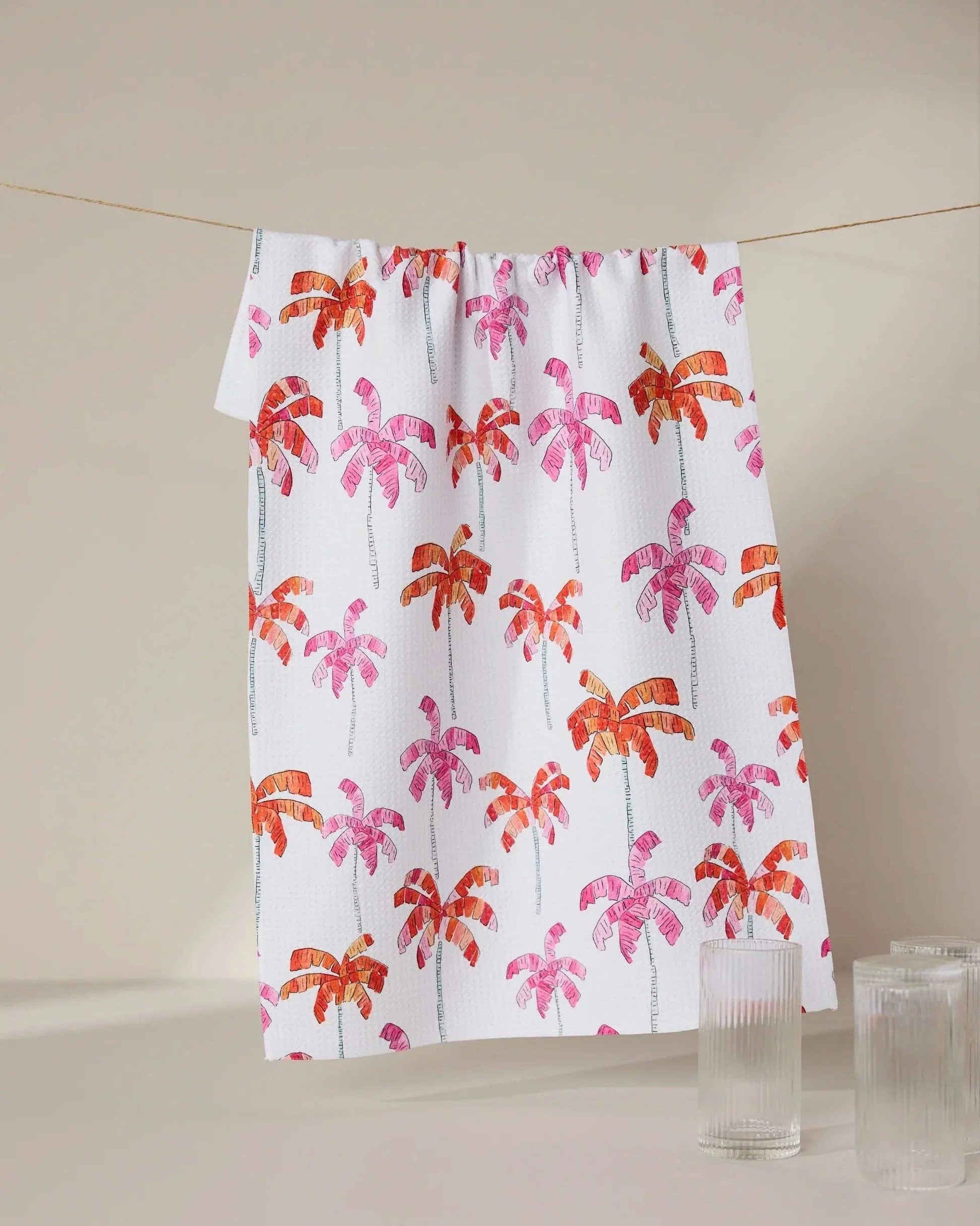 Geometry Pink Palms Tea Towel with tropical palm print