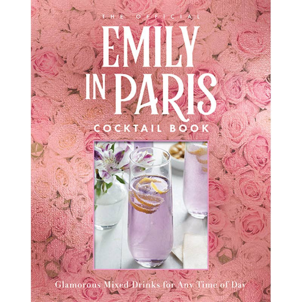 Book titled 'The Official Emily in Paris Cocktail Book' with pink floral design and cocktail images.