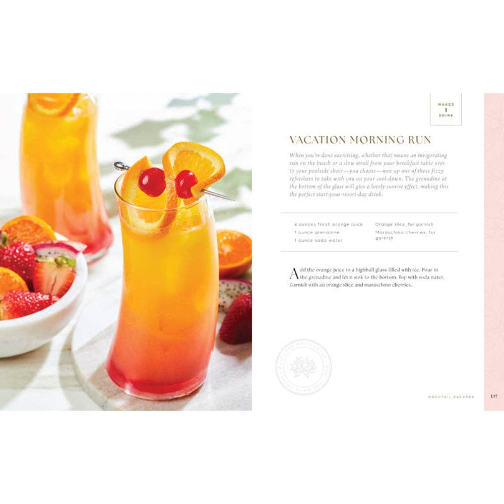 Orange juice with fruit garnishes on a plate, next to a recipe card titled 'Vacation Morning Run'.