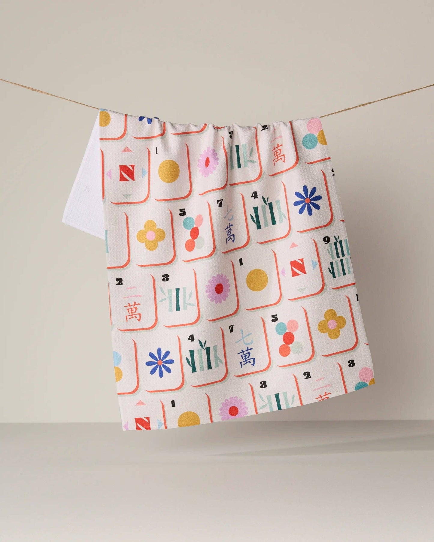 Geometry Tile Toss Tea Towel with mahjong tile print