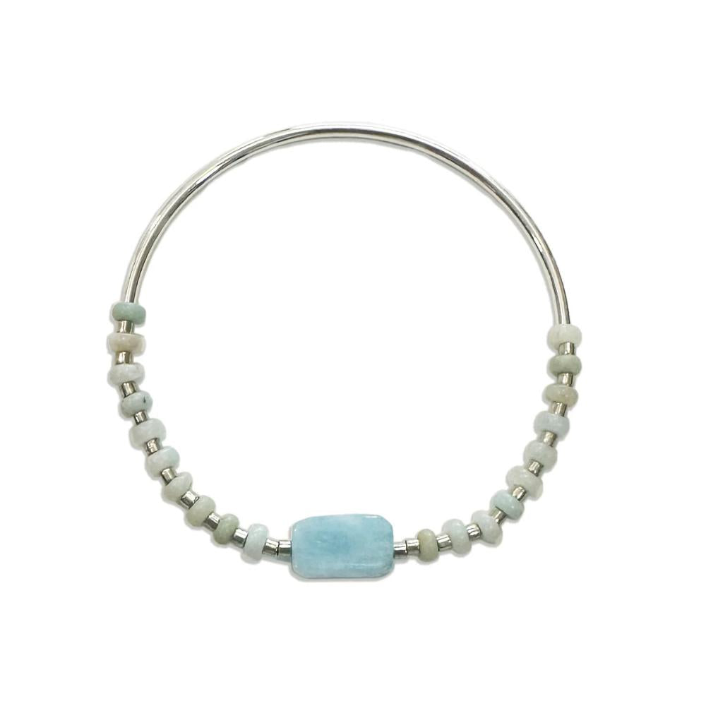 Cast of Stones Aquamarine Amazonite Stretch Silver Bangle