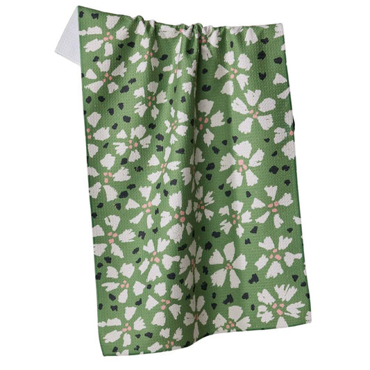 Geometry Aster Tea Towel with white flowers on green background.