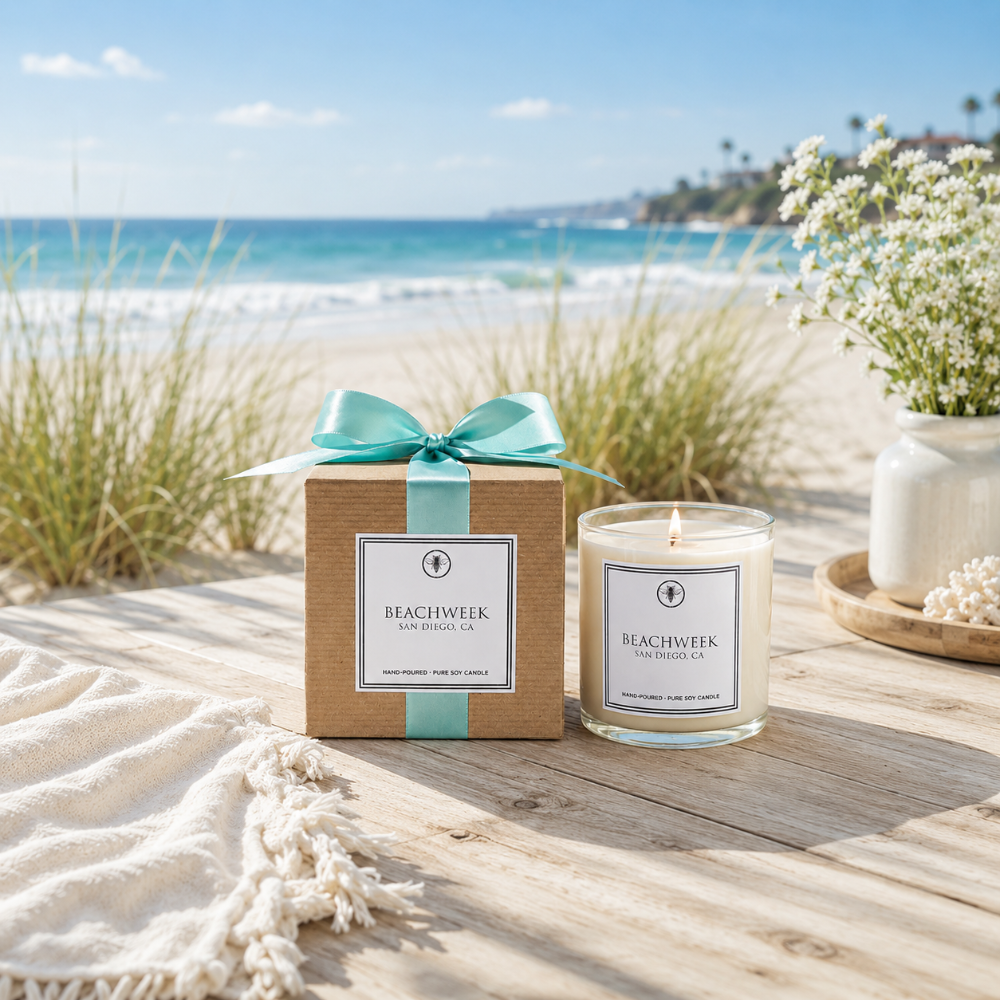 Beachweek candle and gift box on outdoor table at the beach