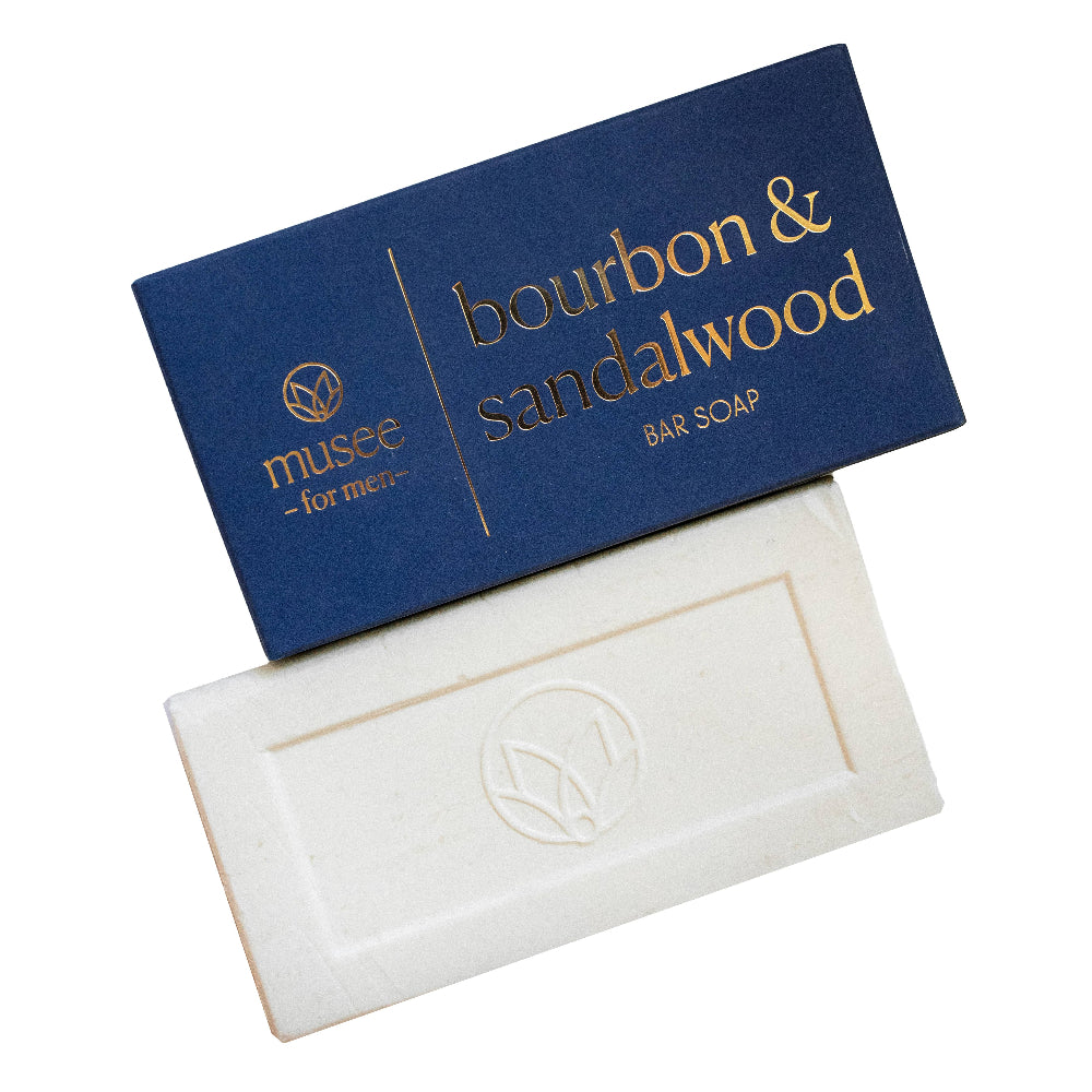 Bourbon & Sandalwood Bar Soap by Musee on white studio background