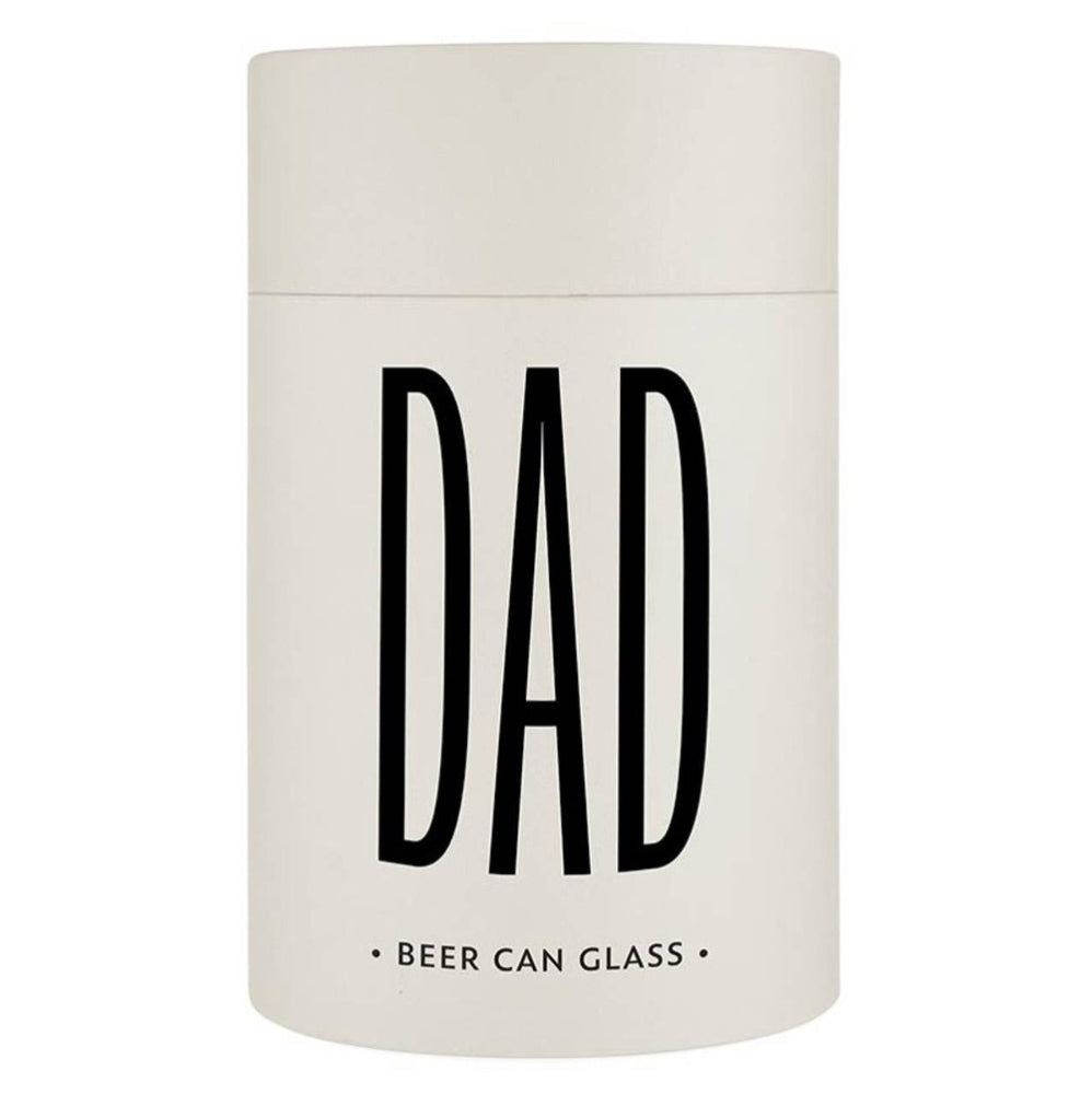 White beer can glass with 'DAD' printed on it against a white background