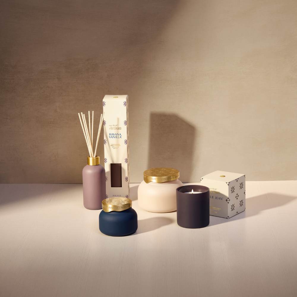 Capri Blue Artisan Terrazza Velluto collection, Volcano and Coconut Santal candles and reed diffusers in matte navy and cream