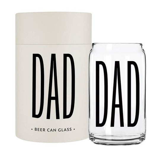 Clear glass beer can with 'DAD' printed on it, next to a white container labeled 'Beer Can Glass'.