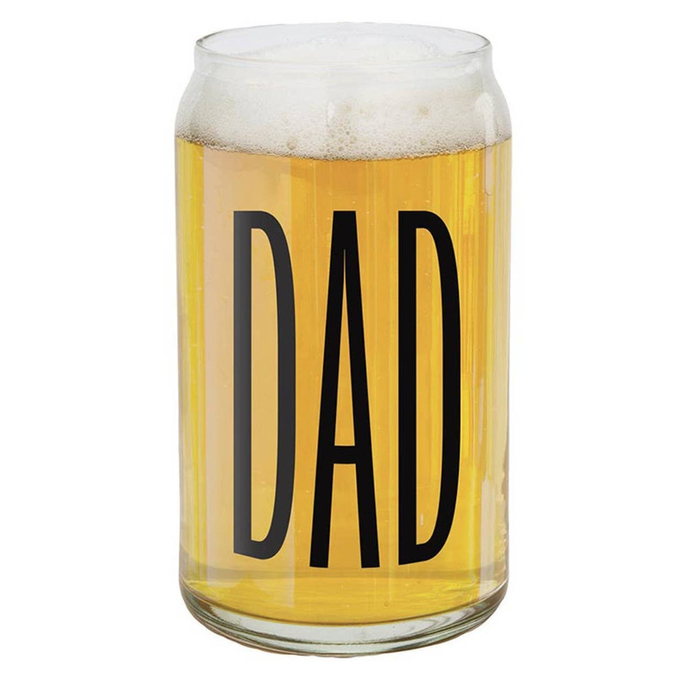 Glass can with 'DAD' text filled with beer on a white background