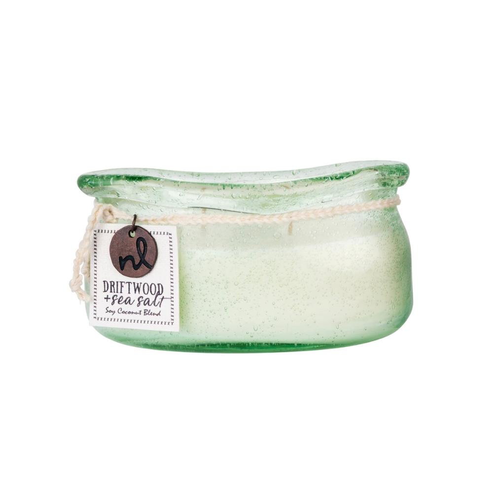 Northern Lights Driftwood and Sea Salt 2-wick candle in hand-blown recycled glass with artisan-rolled rim