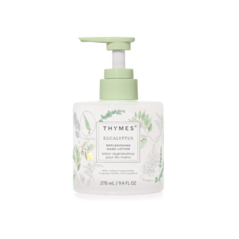 Thymes Eucalyptus replenishing hand lotion in elegant glass bottle