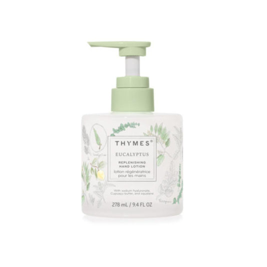 Thymes Eucalyptus replenishing hand lotion in elegant glass bottle