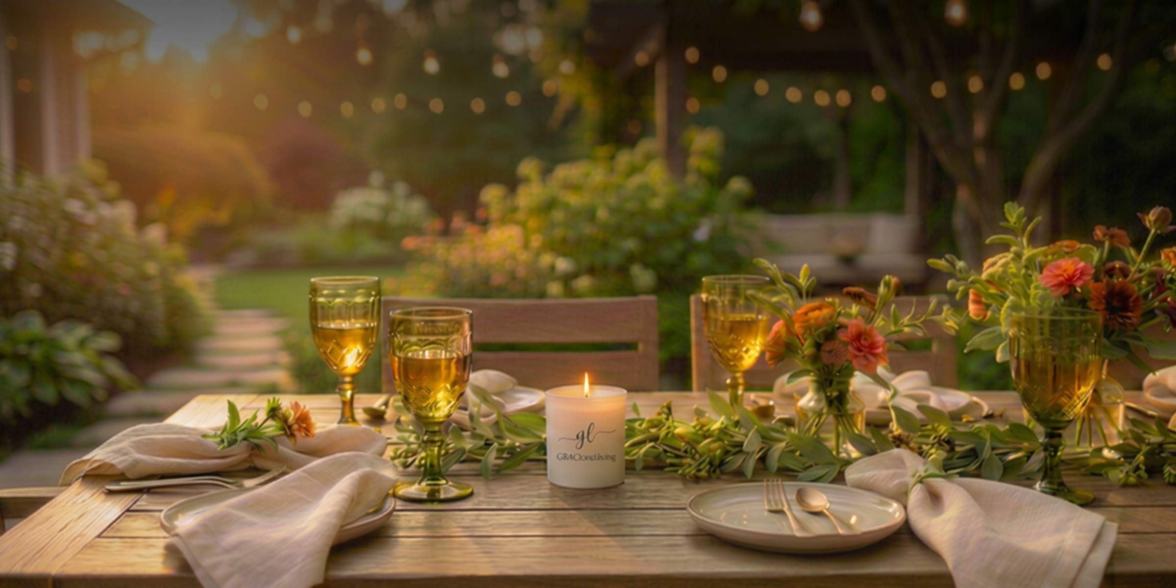 Outdoor dining table set for a meal with GRACEiousliving candle and flowers.