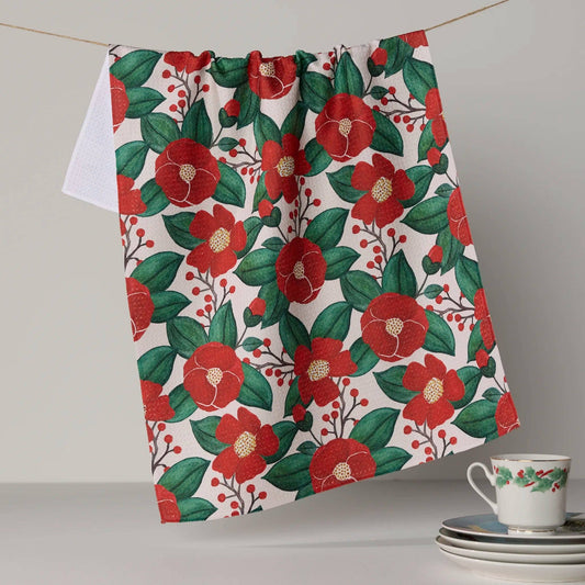 Geometry Winter Camellia holiday tea towel, 18 x 30 in, view 1