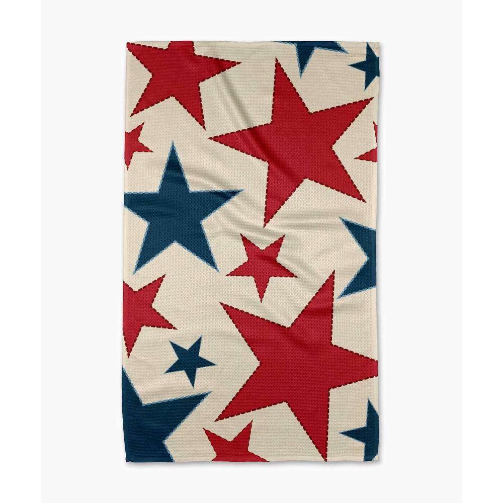 Tea Towel with red and blue star pattern on a white background