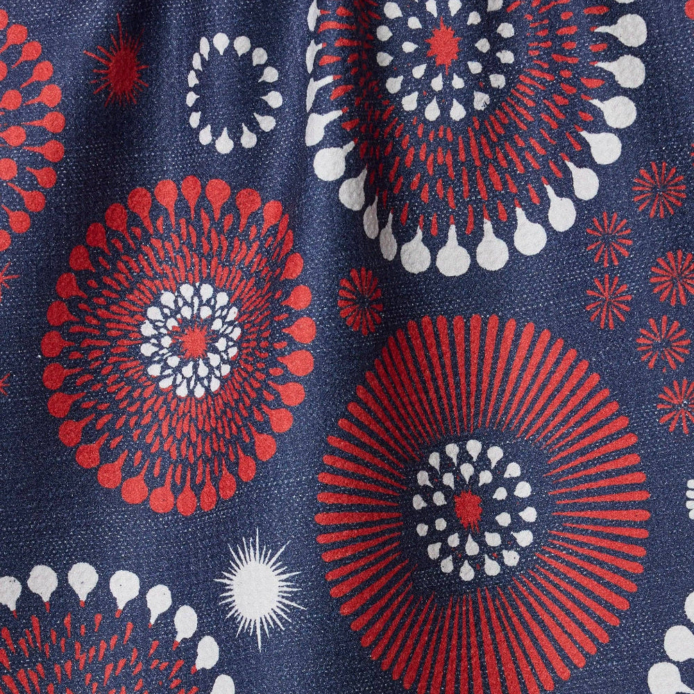 Close-up of fabric with red, white, and blue circular pattern