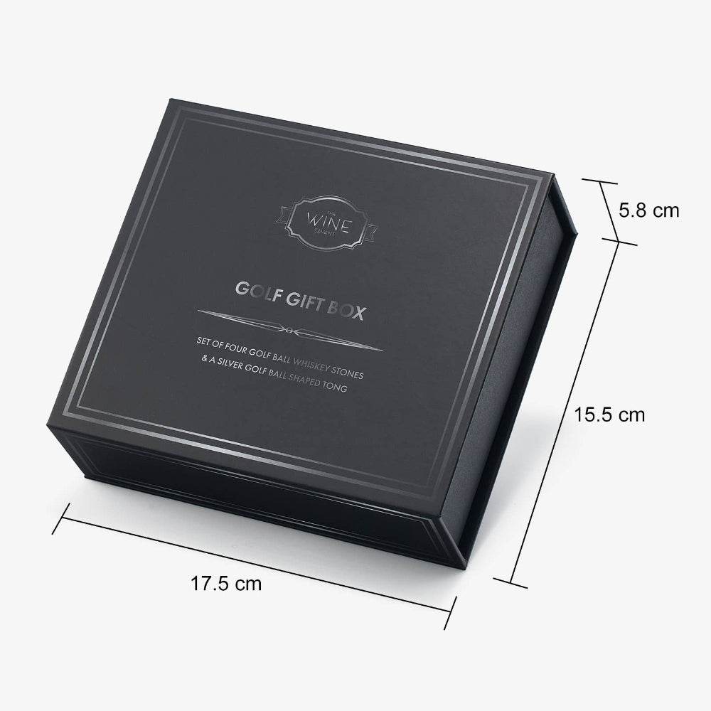 Black Gift Box with set of Golf Ball Whiskey Stones and Silver tongs with box dimensions listed