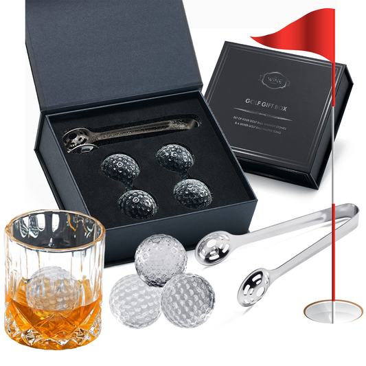 Lifestyle image with Golf Ball Whiskey Stone Gift Box in a golf theme background