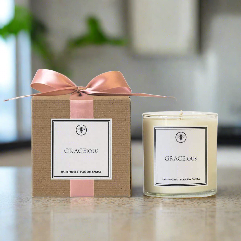 GRACEious 11 oz signature soy candle, hand-poured grapefruit citrus and evergreen scent, gift-packaged